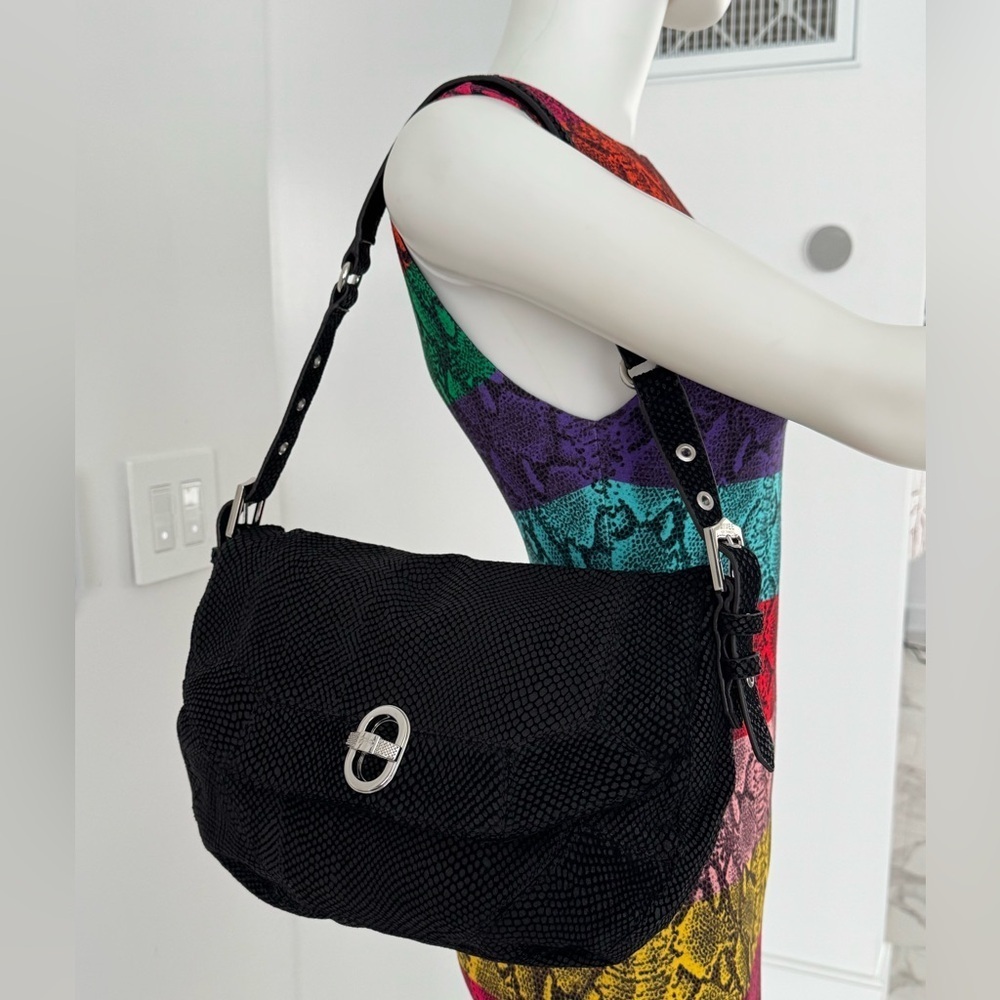 Aimee Kestenberg Black Lizard Embossed Leather Shoulder Bag Silver